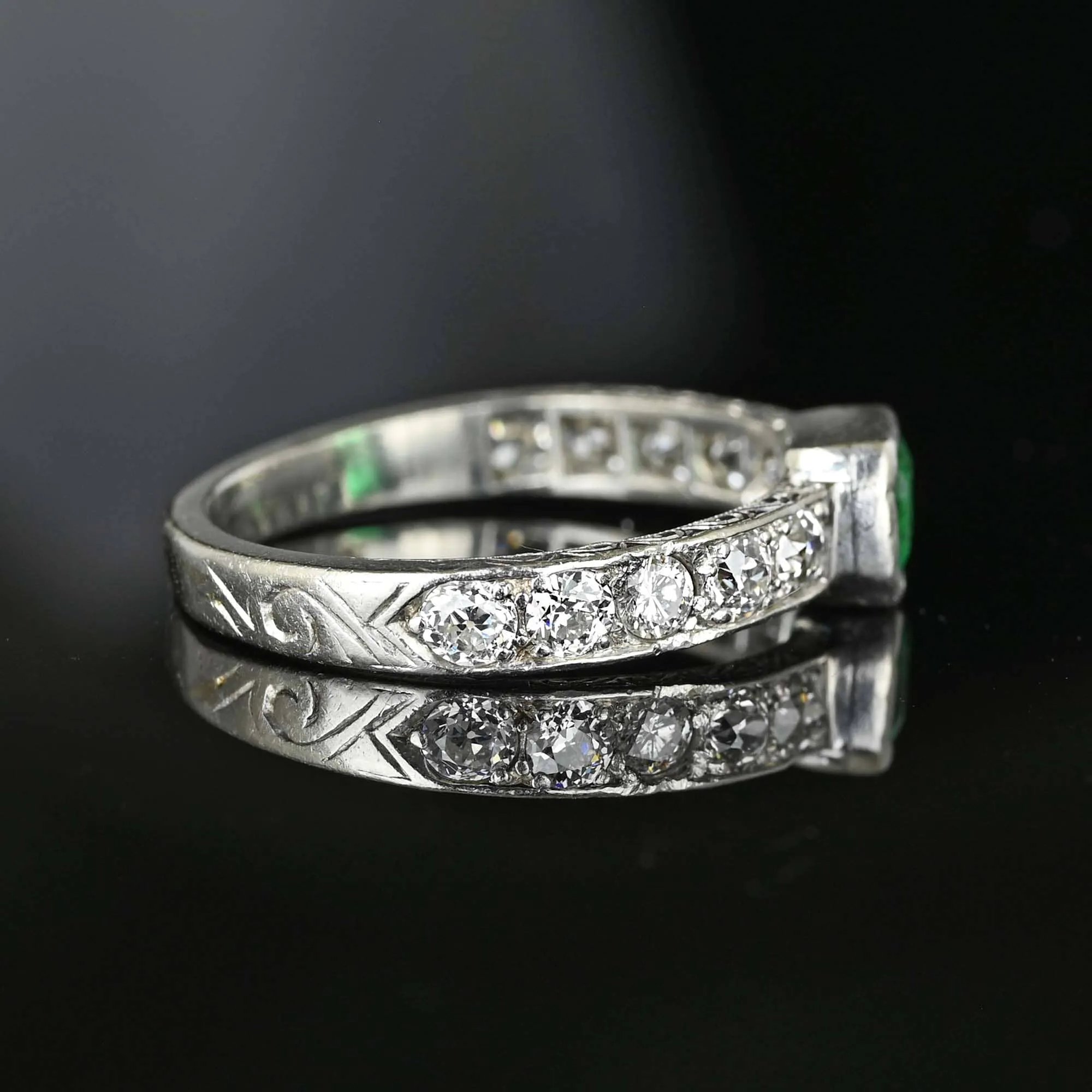 Art Deco Platinum Mine Cut Diamond Emerald Ring