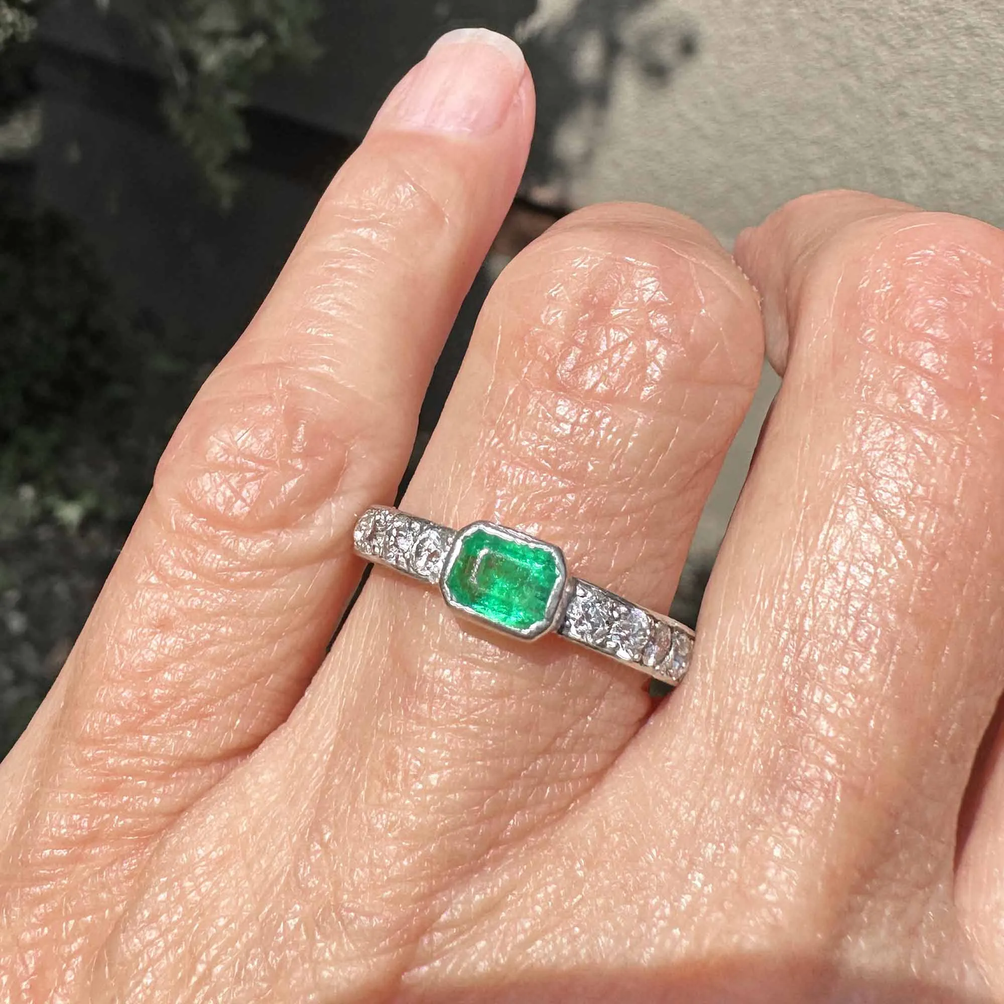 Art Deco Platinum Mine Cut Diamond Emerald Ring