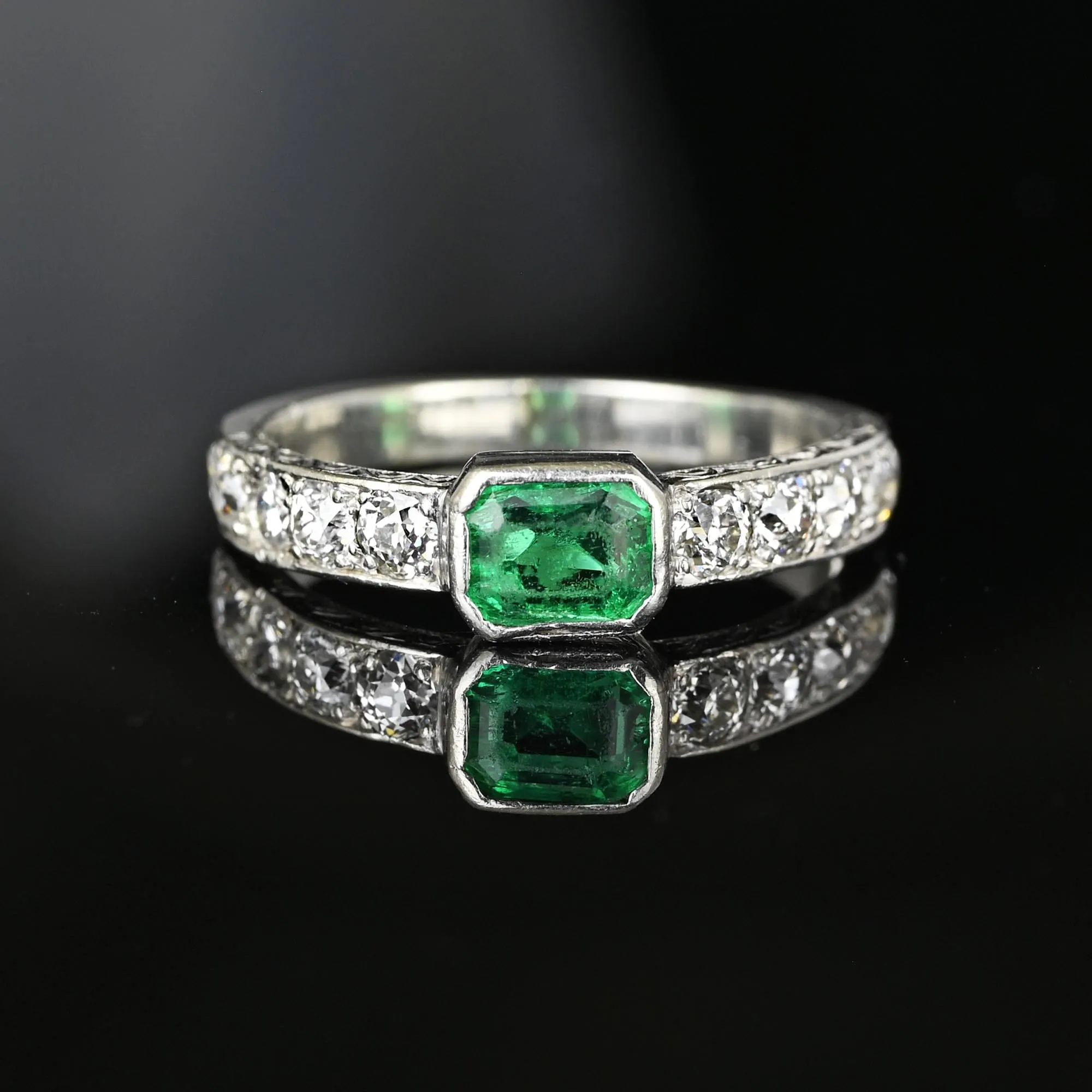 Art Deco Platinum Mine Cut Diamond Emerald Ring