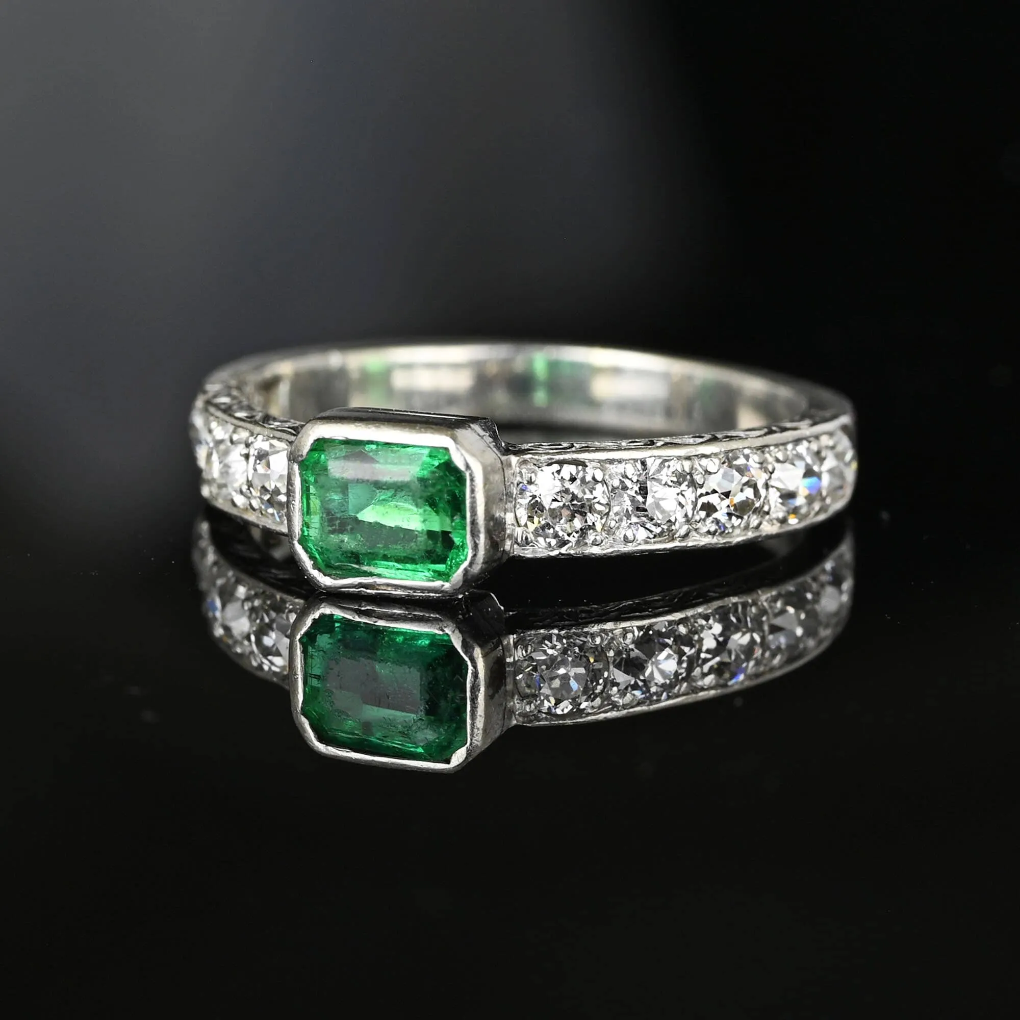 Art Deco Platinum Mine Cut Diamond Emerald Ring