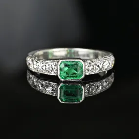 Art Deco Platinum Mine Cut Diamond Emerald Ring