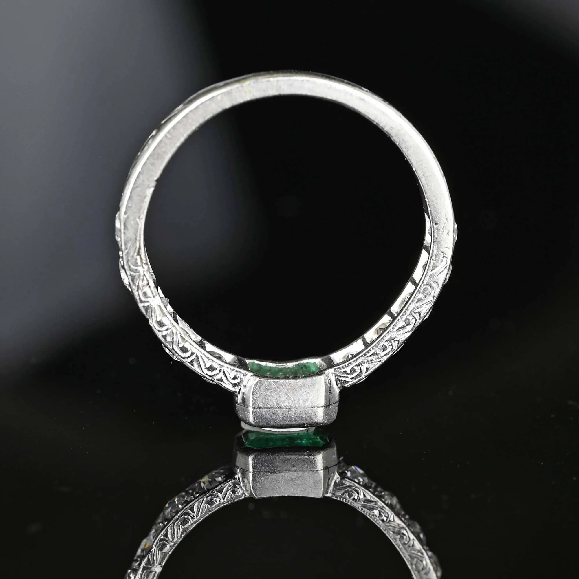 Art Deco Platinum Mine Cut Diamond Emerald Ring