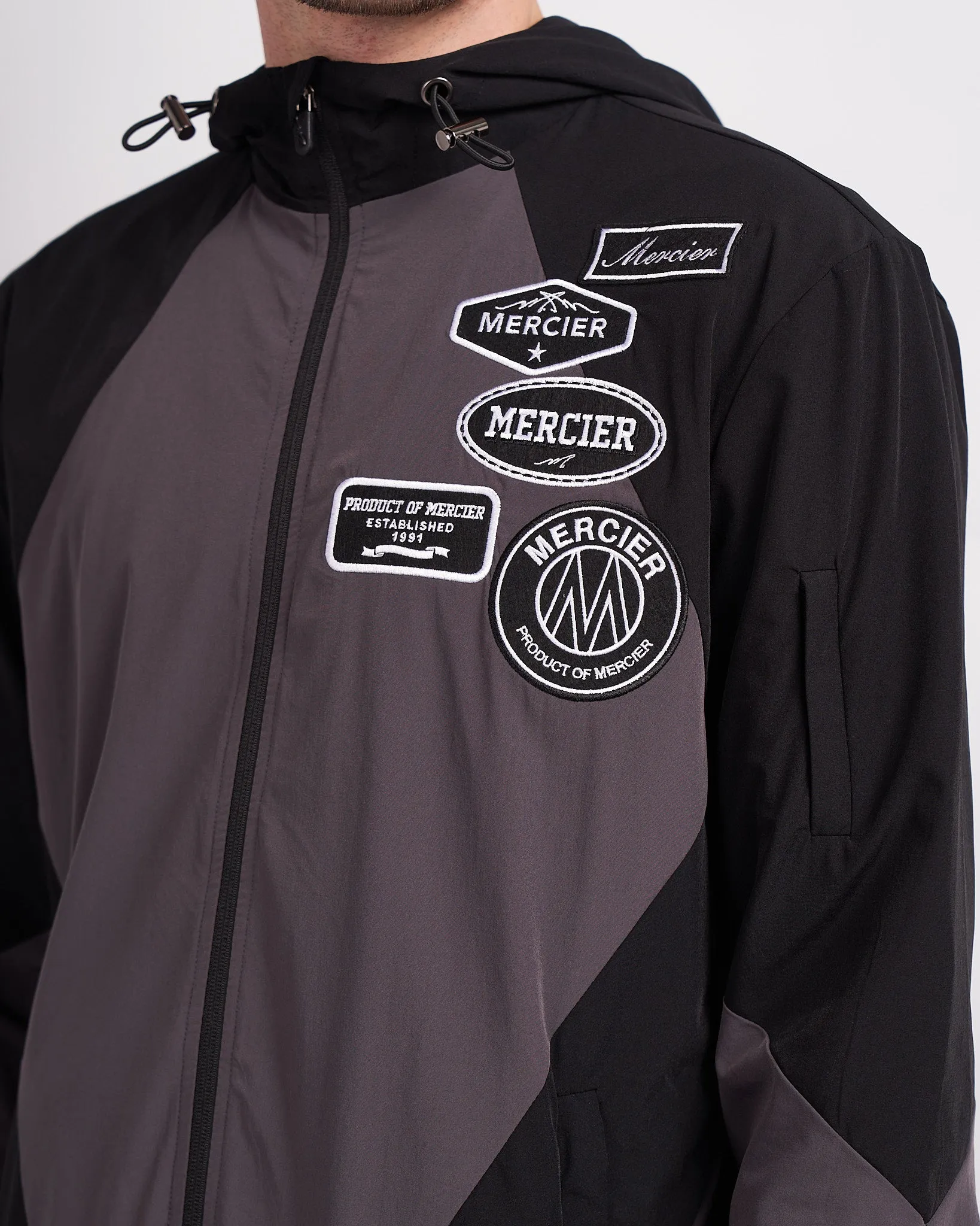 Black Grey Mono Badge Panelled Windbreaker