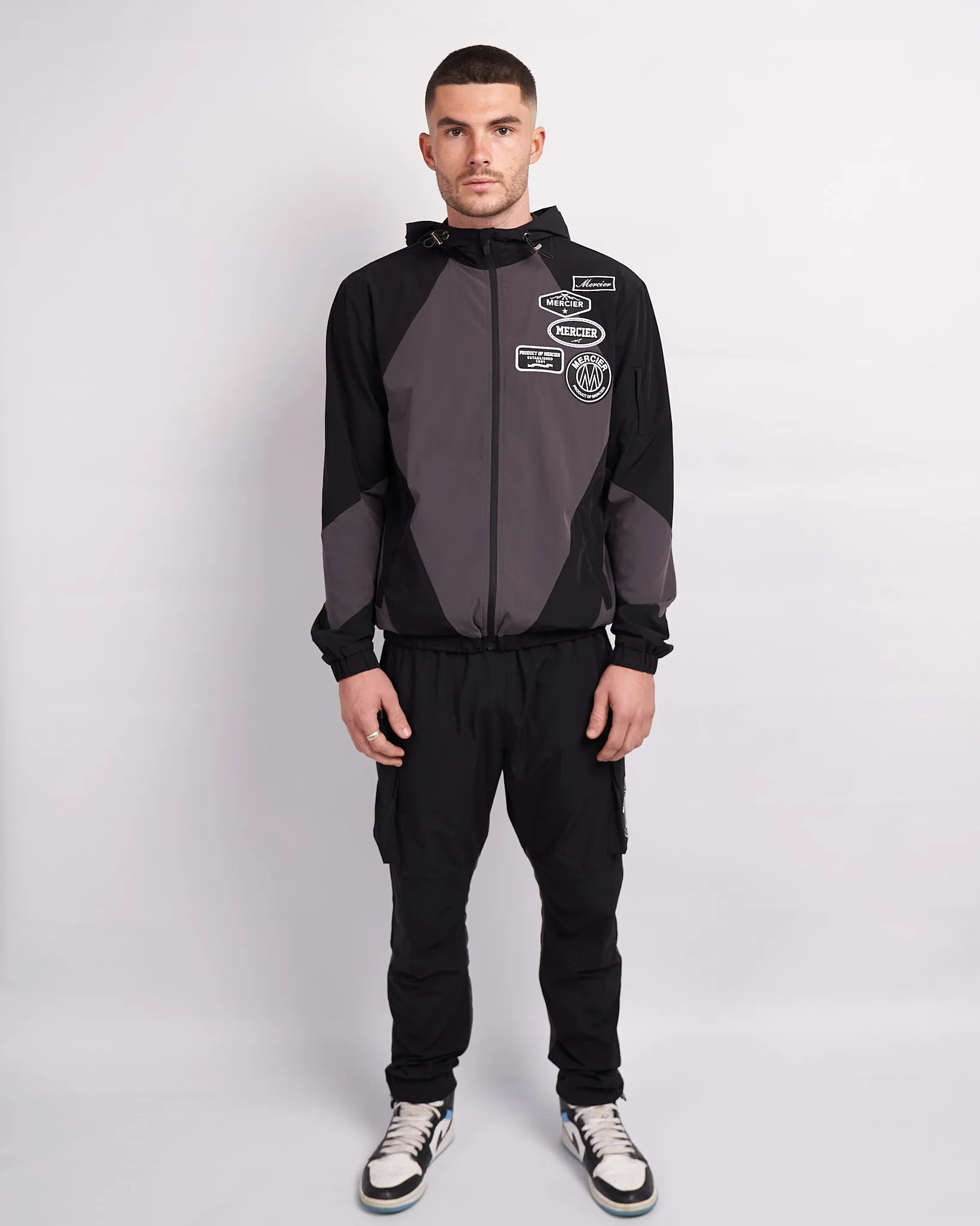 Black Grey Mono Badge Panelled Windbreaker