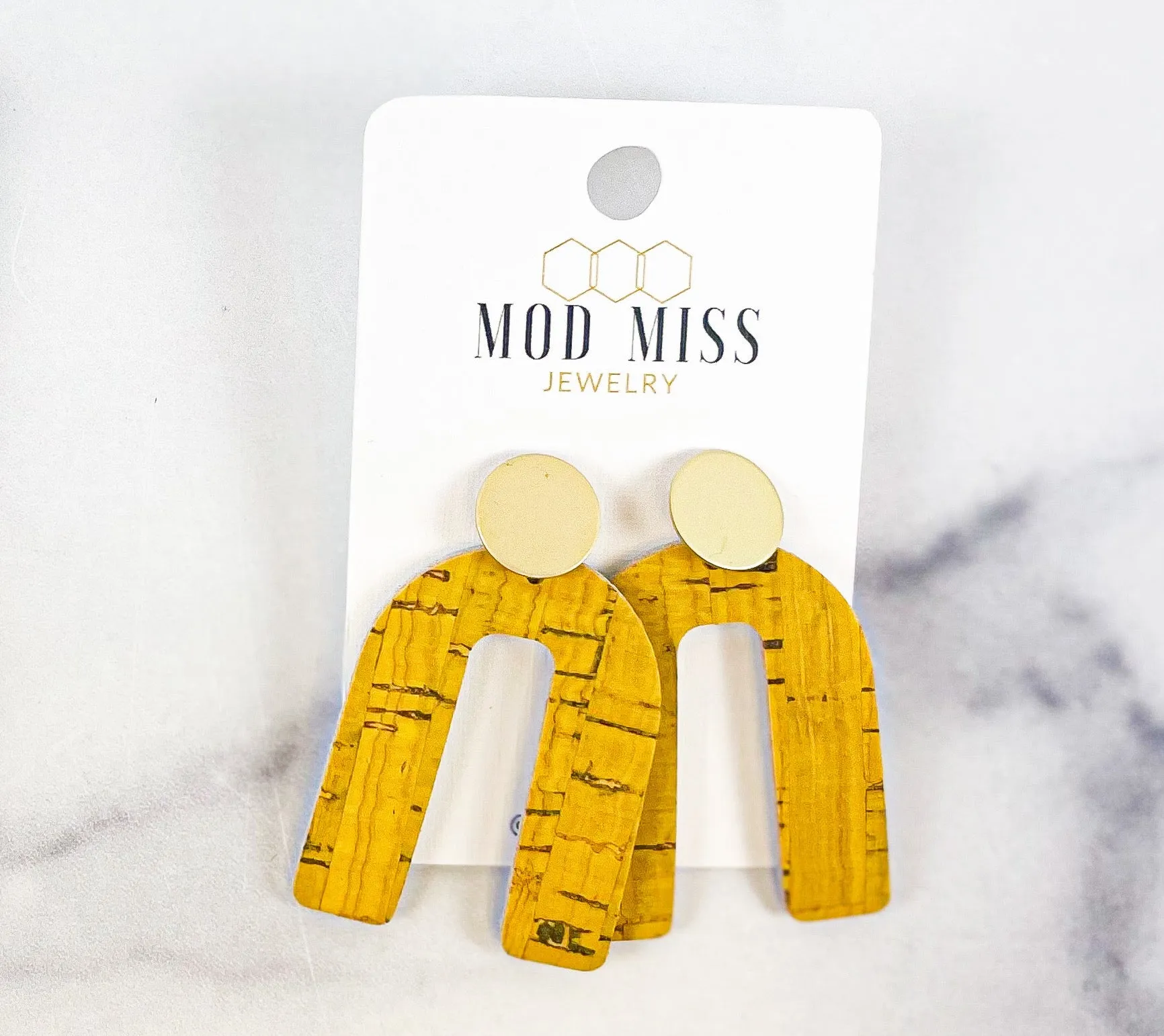 Cork Leather Arch Earring Mustard Yellow