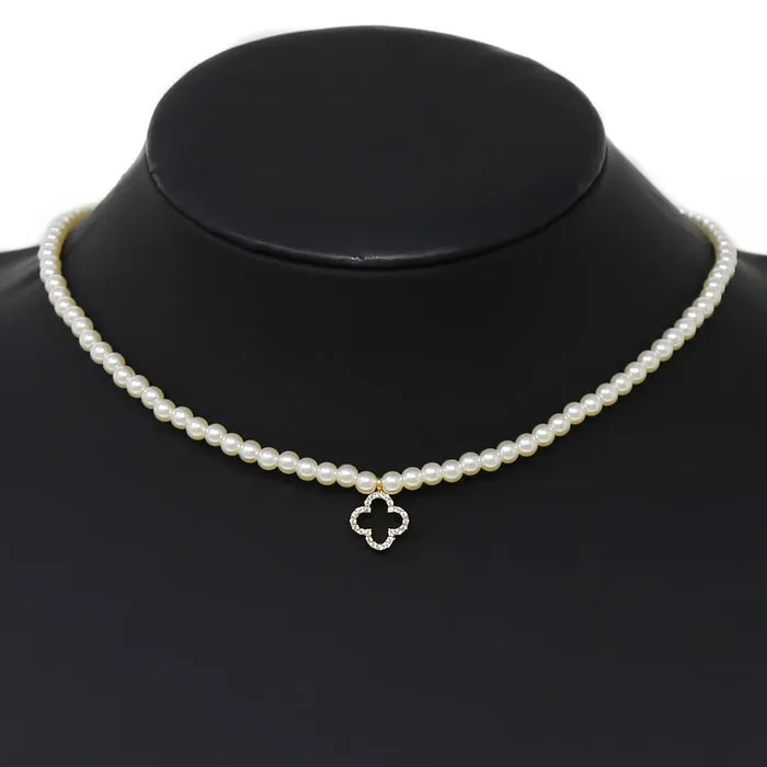 CZ Pave Clover Pendant Pearl Beaded Short Necklace