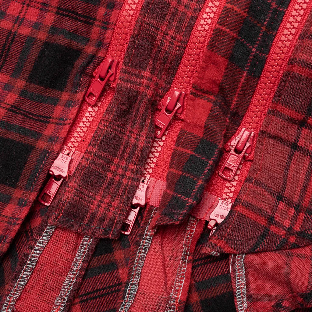 Flannel Shirt 7 Cuts Zipped Wide Shirt Over Dye - Red