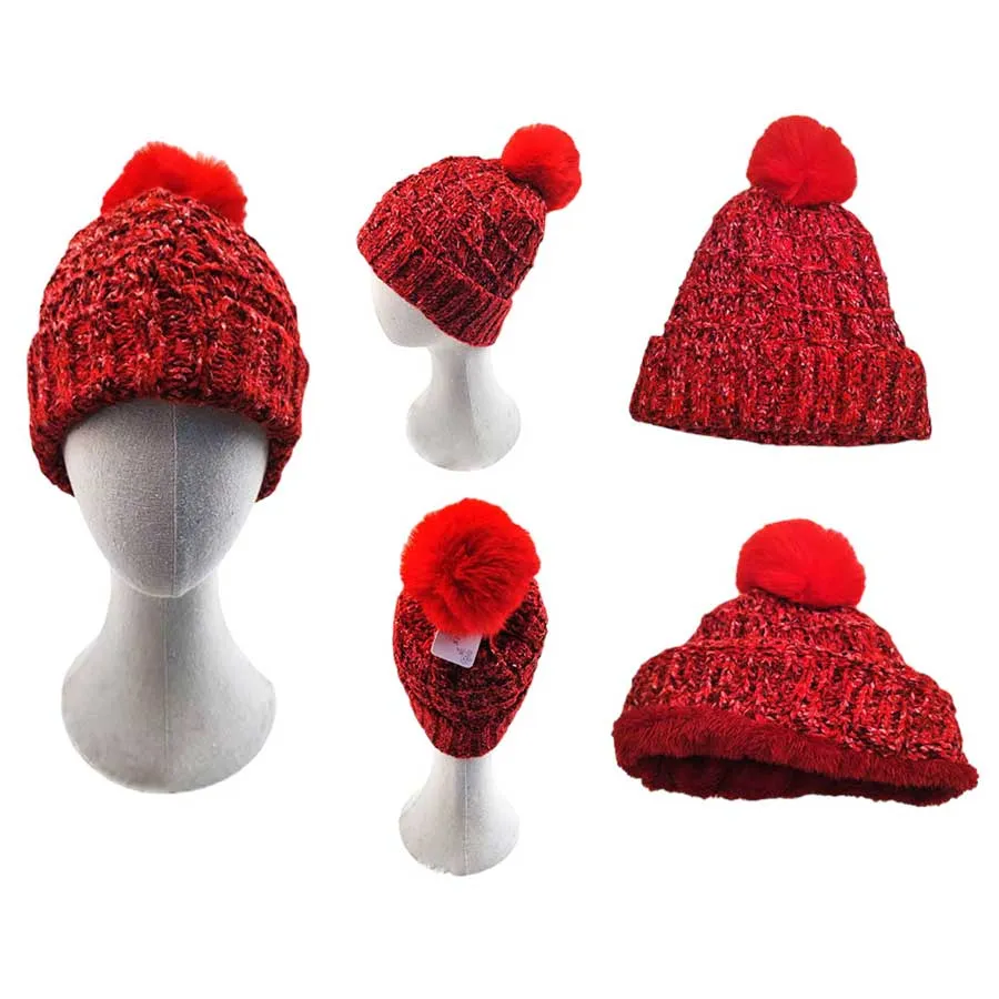 Fleece Lining Mixed Color Knit Faux Fur Pom Pom Beanie Hat