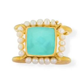 Handmade Gold Plated Silver Ring With Aqua Calchedony Gemstone & Freshwater Pearls