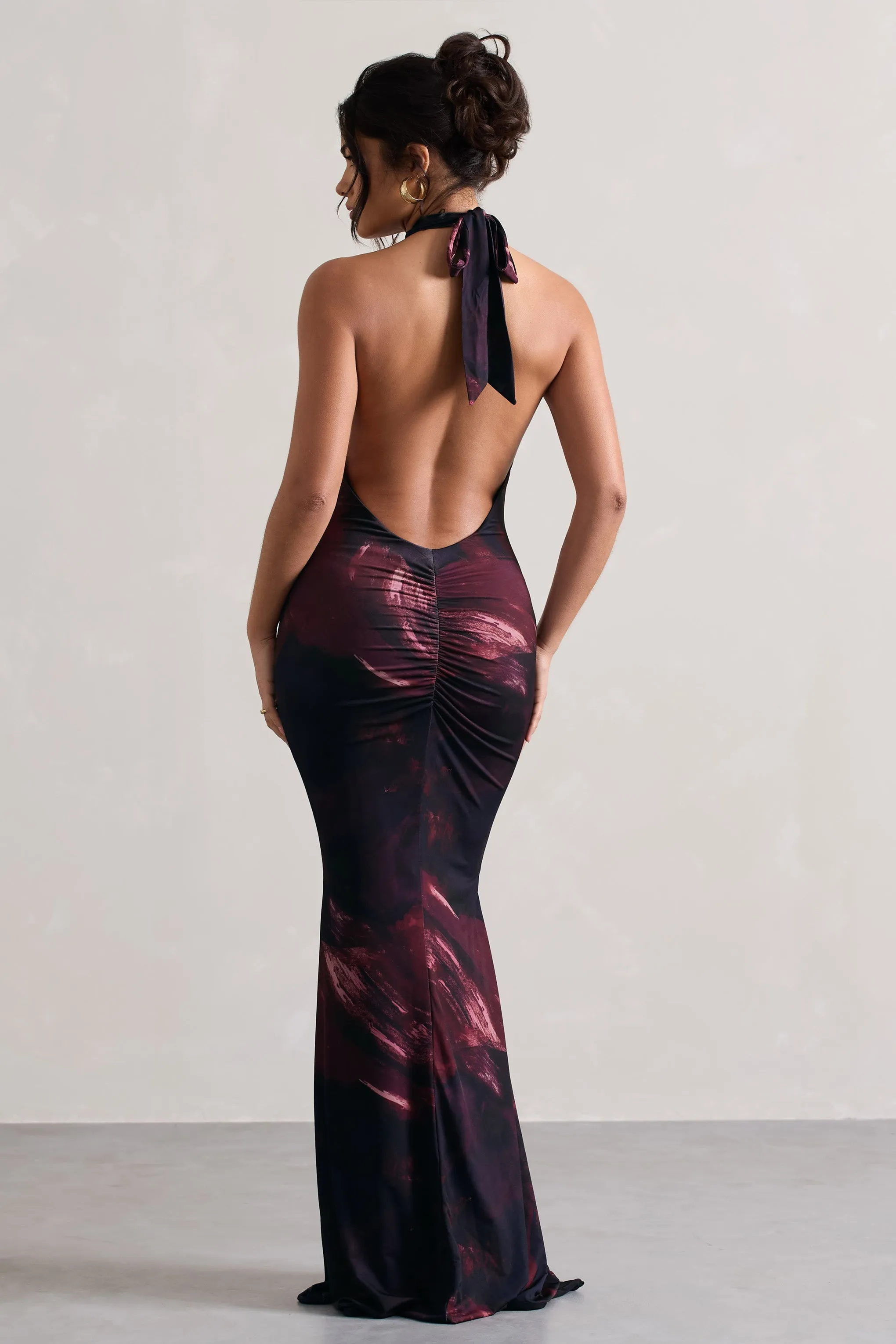 Invincible | Plum Print Cross Over Halter-Neck Open-Back Maxi Dress