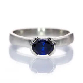 Lab Created Oval Blue Sapphire Half Bezel Sterling Silver Solitaire Ring, Ready to Ship