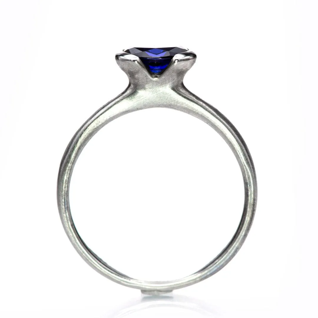 Lab Created Oval Blue Sapphire Half Bezel Sterling Silver Solitaire Ring, Ready to Ship