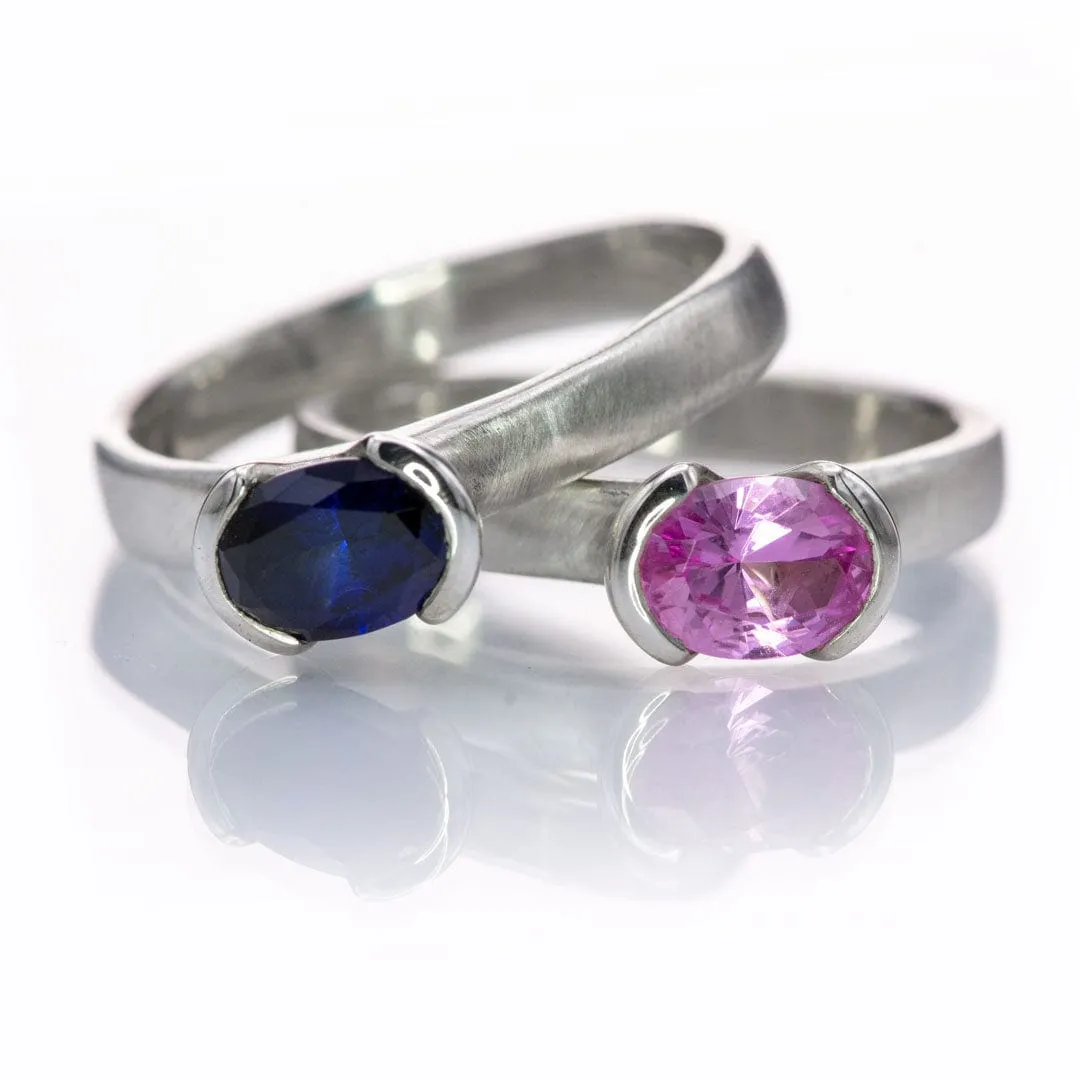 Lab Created Oval Blue Sapphire Half Bezel Sterling Silver Solitaire Ring, Ready to Ship