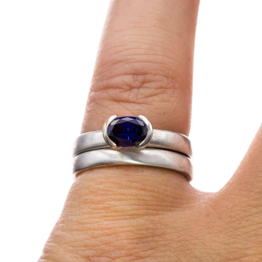 Lab Created Oval Blue Sapphire Half Bezel Sterling Silver Solitaire Ring, Ready to Ship