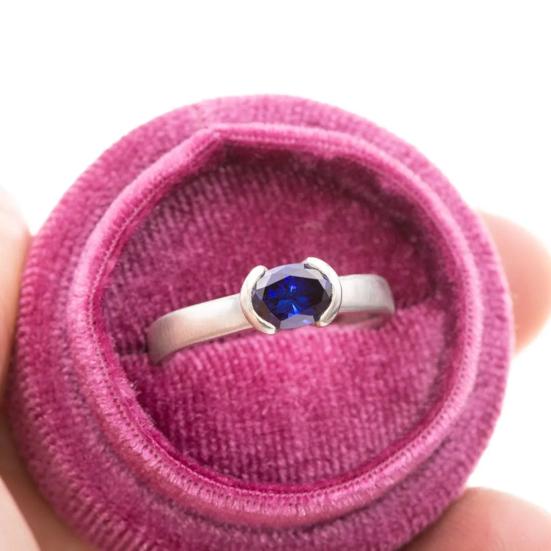 Lab Created Oval Blue Sapphire Half Bezel Sterling Silver Solitaire Ring, Ready to Ship