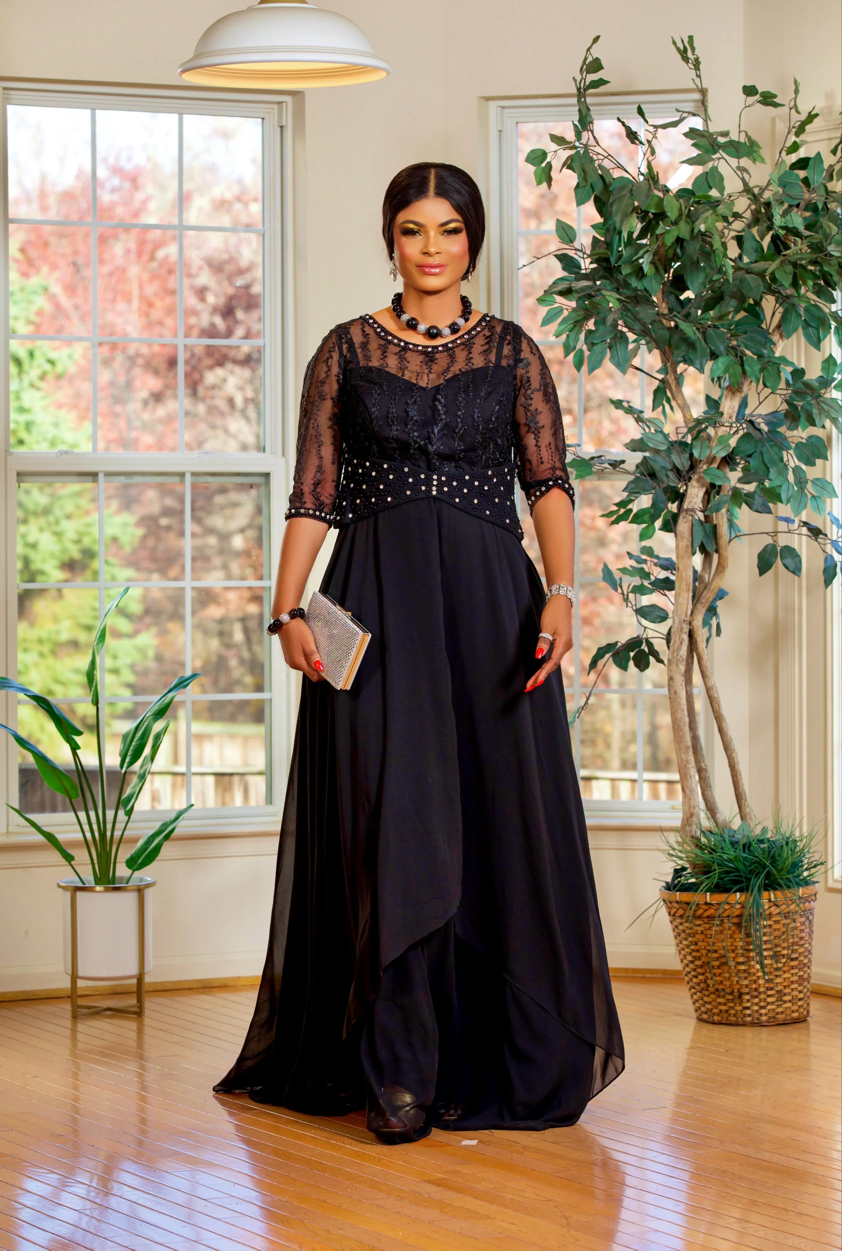 RHINESTONE FLOOR LENGTH MAXI DRESS(BLACK)