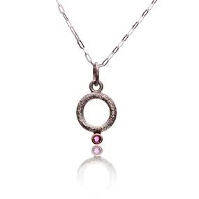 Sterling silver circle pendant necklace with Ruby in 14k Rose Gold Bezel