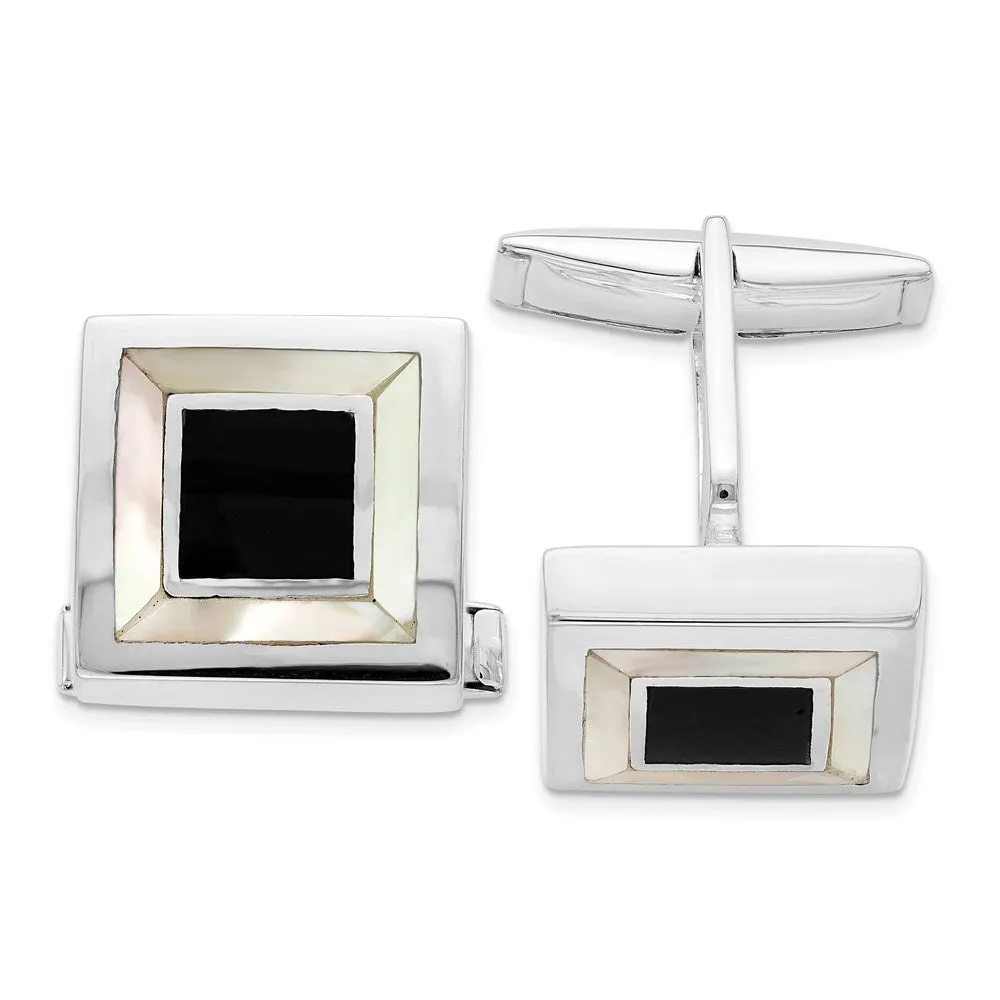 Sterling Silver Rhodium-plated Mother Of Pearl & Enamel Cufflinks