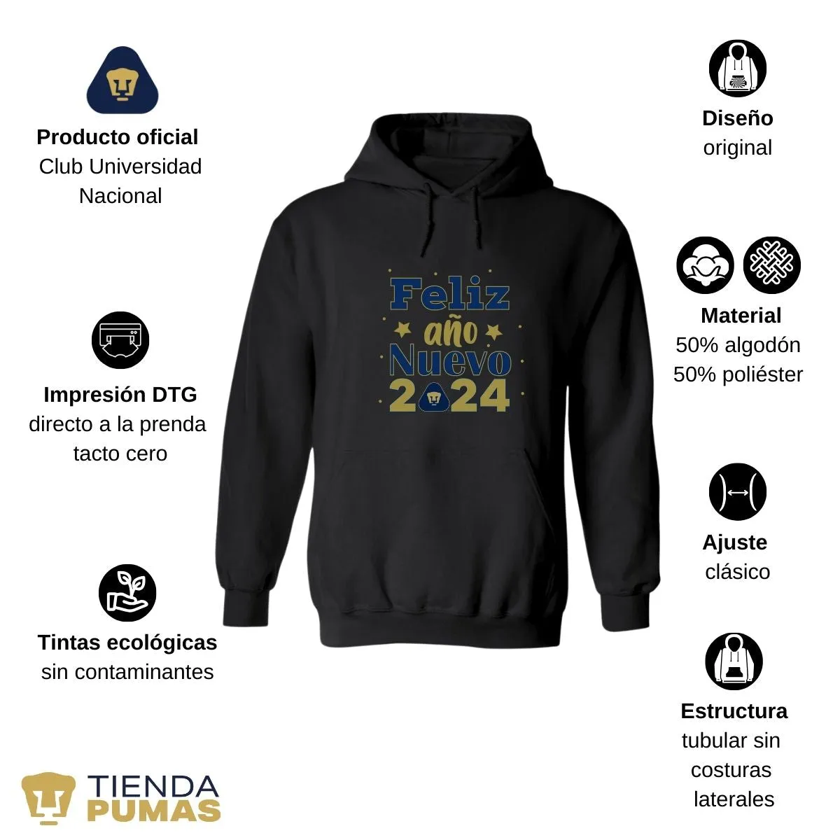 Sudadera Para Mujer Hoodie Pumas UNAM Feliz Ao Nuevo