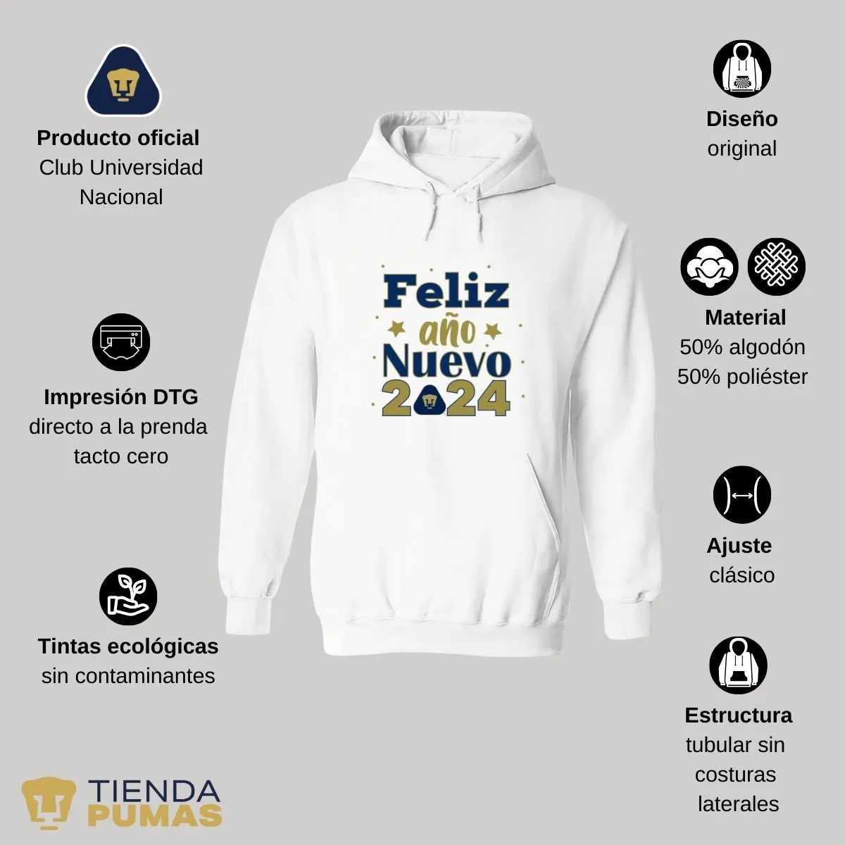 Sudadera Para Mujer Hoodie Pumas UNAM Feliz Ao Nuevo