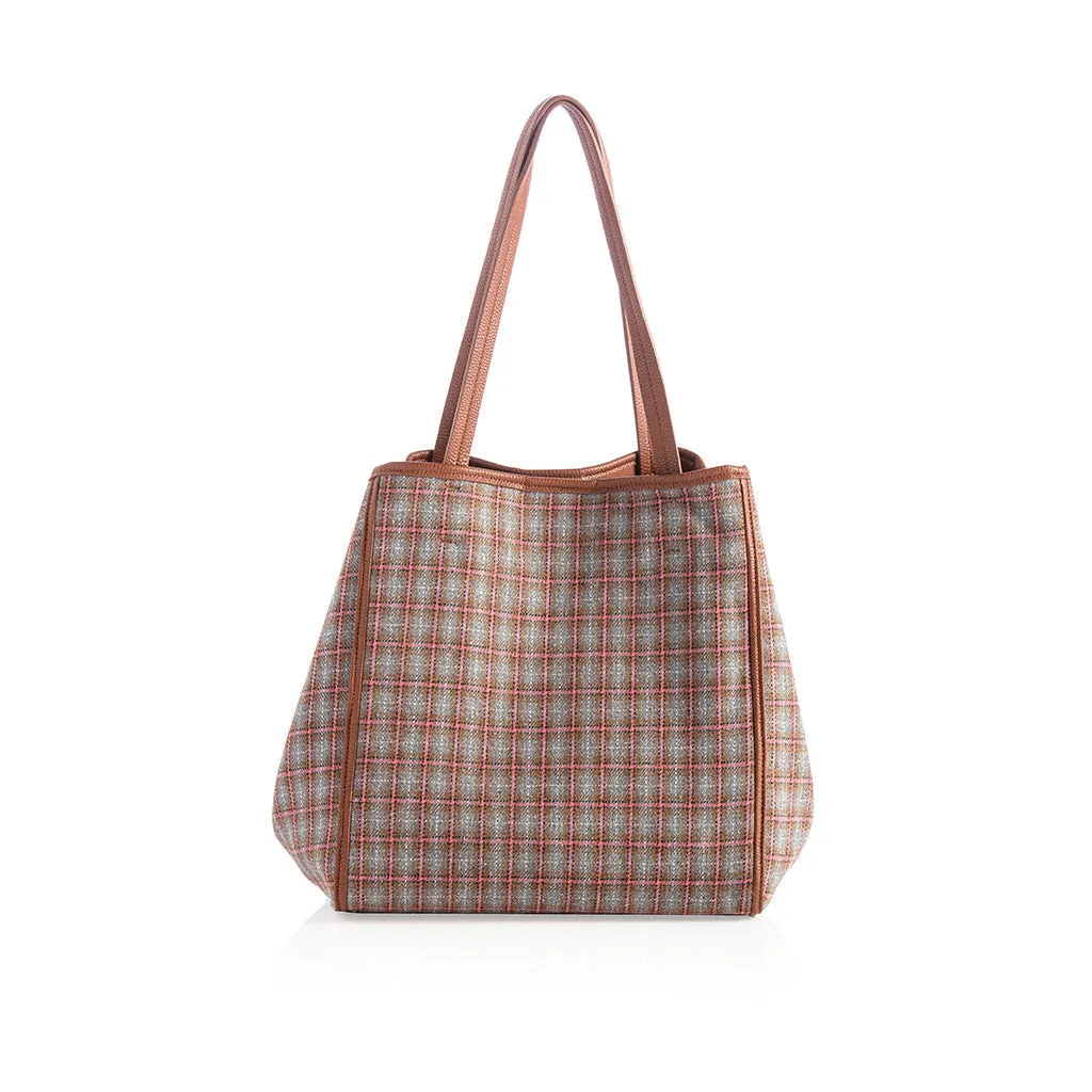 Vale Large Plaid Tote, Brown/Grey/Pink