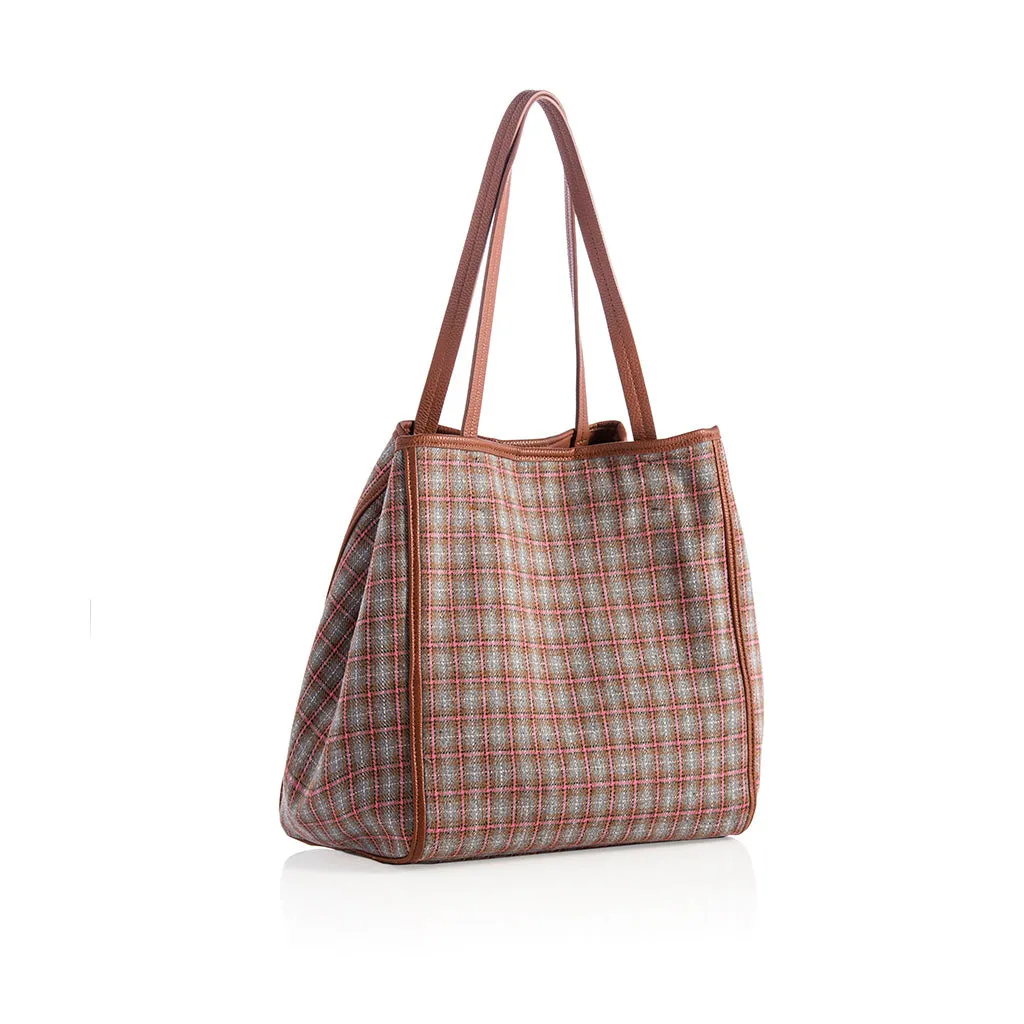 Vale Large Plaid Tote, Brown/Grey/Pink