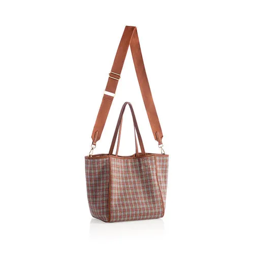 Vale Large Plaid Tote, Brown/Grey/Pink