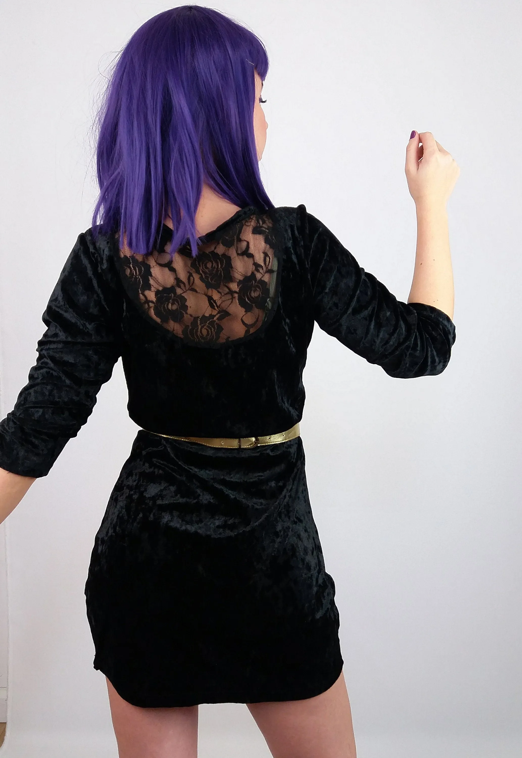 Y2K Black Velour Mini Dress Lace Back - size S-M