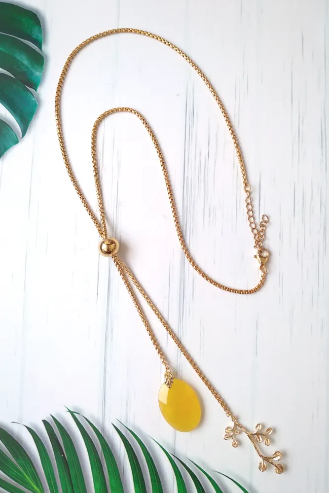 Yellow Jade & Branches with Leaves Slider Necklace